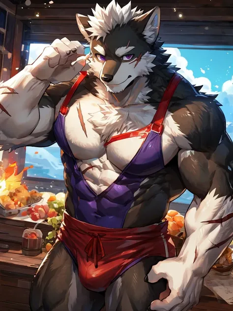 embedding:black wolf, male,purple eyes,Scar on the face, scar on the body,Single Person,A swimsuit,Mature, The highest quality of scene detail,adult,Tall and powerful,muscle，Best quality hands, best quality eye，detailed fur，Delicate eyes.Extreme picture qu...