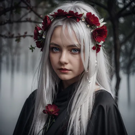 1girl,solo,1girl,solo,((beautiful detailed eyes)), (detailed light),depth of field,(white hair),silver eyes,hair over one eye,(red flower ), hair flower,long hair,black cloak,wet,emotionless,looking back,night,starfall,raining,fog,red flowers falling,sketc...