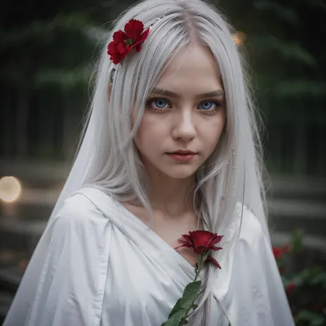 1girl,solo,1girl,solo,((beautiful detailed eyes)), (detailed light),depth of field,(white hair),silver eyes,hair over one eye,(red flower ), hair flower,long hair,black cloak,wet,emotionless,looking back,night,starfall,raining,fog,red flowers falling,sketc...