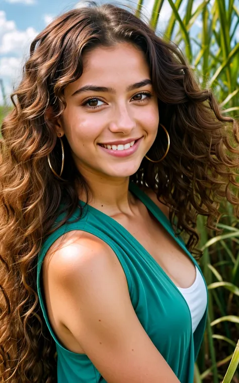 1 femme, 16 ans, cinematic, sugar cane field and sky background, long curly hair, sourire, nature, peau brune, yeux marrons, ultra-realistic, 