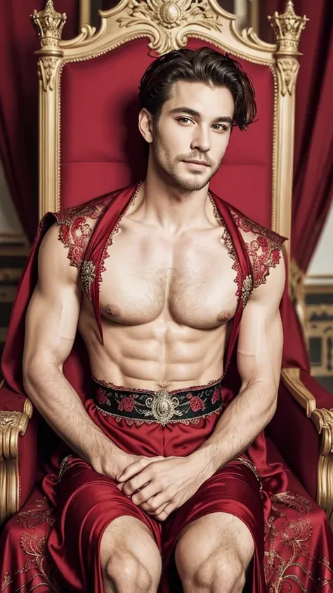 A sexy but inocent looking (man ) sitting on a throne, wearing a red and black night gown , intricate designs ,mediaeval period, gorgeous face, looking at me seductively, crisp and clear photo, nsfw, homoerotic , posing ,