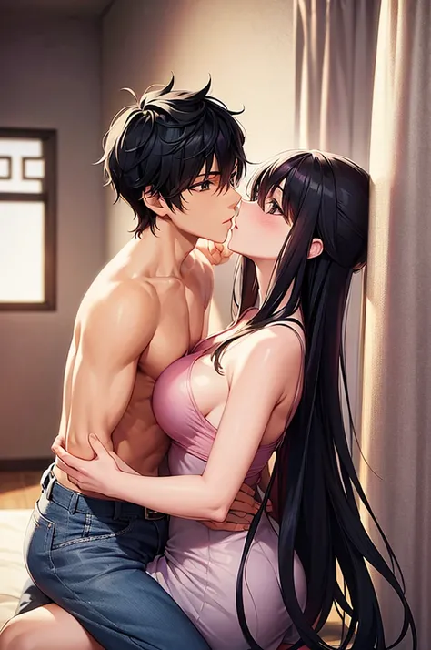 A handsome anime boy with black hair in a  kissing a hot girl in bedroom 