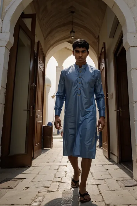 "A young man heading towards the mosque to perform Eid al-Adha prayer in the morning."