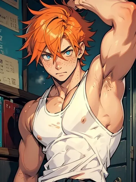 ((manga style)),Adolescent  With big Messy  orange hair , wearing tank top shirt , BLUE pupils  , freckles on face , freckles On the body ,Muscles  ,Pants 