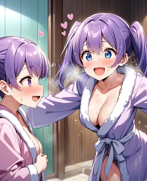 twins、Two people、Two Girls、Purple Hair、Twin tails、Heart Eyes、Heart Eye、smile、Bathrobes、Cleavage、excited、Heavy breathing、Get wet、Wet、Gazing at each other、