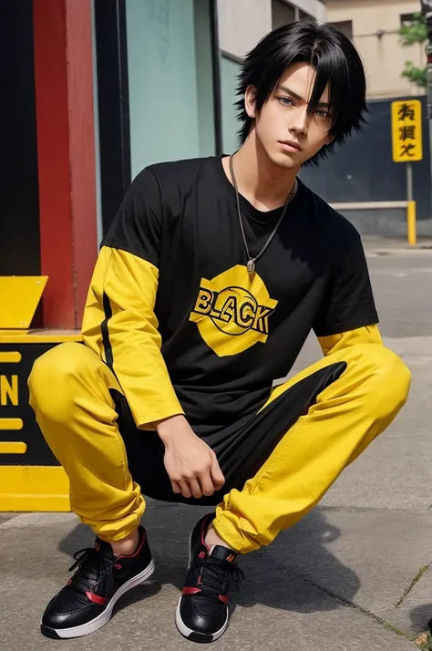 Create an image of an anime character whose eyes are are red, hair too, young handsome wear the yellow tshirt , blqck pant and black shoes and showimg the hand posture of naruto please be it realistic