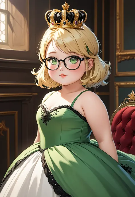 chubby girl, Blonde with green eyes, medium length hair, open forehead, round facial features, glasses with black square frames Ball gown, royal crown