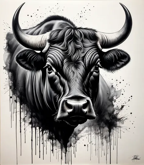 black charcoal art，Line art,black ink,The artist used his skill in scraping black charcoal to create a bull-like image.