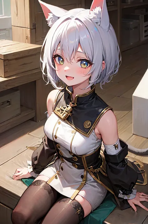 (best quality,ultra-detailed,highres,masterpiece:1.2), happy face, smile face, joy expression, open mouth, careful with hand,beautiful anime girl with white hair and yellow eyes, young neko girl, very young, childish face, small height, children, (8 year o...