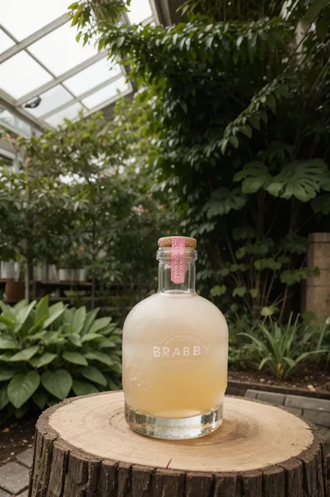 bootle of strabery gin siting on stump in beatiful green house , one bootle, 1 full shot, pink colored gin, strabery laying around, pink liquid, luxury 