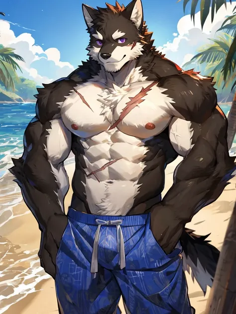 embedding:black wolf, male,purple eyes,Scar on the face, scar on the body,Single Person,beach pants,Mature, Beach background,The highest quality of scene detail,adult,Tall and powerful,muscle，Best quality hands, best quality eye，detailed fur，Delicate eyes....