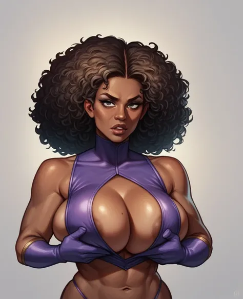 thick african american female superheroine, beautiful big hair, wearing gloves, purple costume, big breasts, shoulder length black curly hair, perfect body, african american skin, natural skin, perfect face, hd, 4k, 8k. Female superheroine Moonlight captur...