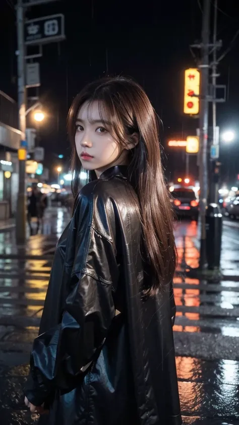 anime woman with long dark brown hair and yellow eyes, and black clothing in city, dark atmosphere vibe, rainy dusk, blue overlay, facing away from camera
