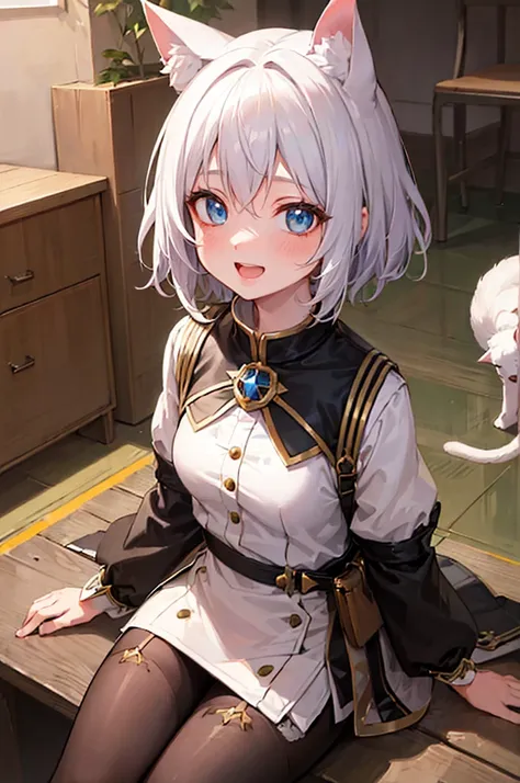 (best quality,ultra-detailed,highres,masterpiece:1.2), happy face, smile face, joy expression, open mouth a little, teeth, canine teeth, careful with hand,beautiful anime girl with white hair and yellow eyes, young neko girl, very young, childish face, sma...