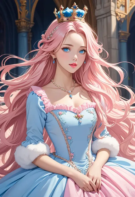 woman, light pink long hair without bangs, open forehead, thin pink lips, bright blue eyes fluffy dress, royal crown