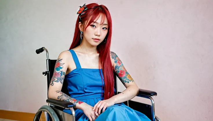 Uhd, (photo of Cami, subject: Noriko, 1/2 Japanese 1/2 Hainu skinny girl with long red hair in a 2/00 large wheelchair, blue+++ eyes, oval face, LGBTQIA+, queer, punk style, dressed in colors, buttefly hairclip, tattooes. She is in the hospital) + (A man d...