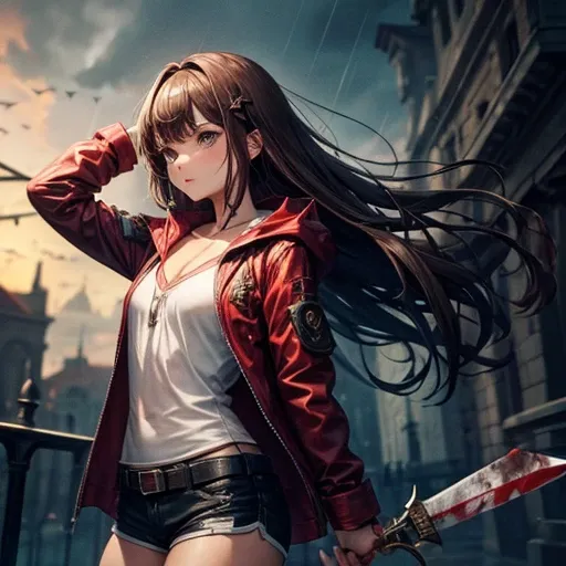 Brown-haired girl wearing a bloody raincoat　　Holding a dagger　Wearing shorts