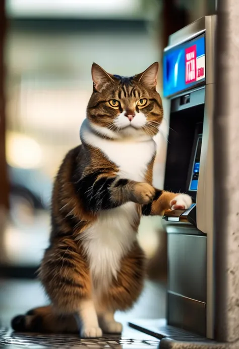 A clever cat standing on its hind legs, using its paw to withdraw money from an ATM machine, with a surprised expression.