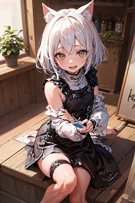 (best quality,ultra-detailed,highres,masterpiece:1.2), happy face, smile face, joy expression, open mouth a little, teeth, canine teeth, bare shoulders, careful with hand,beautiful anime girl with white hair and yellow eyes, young neko girl, very young, ch...