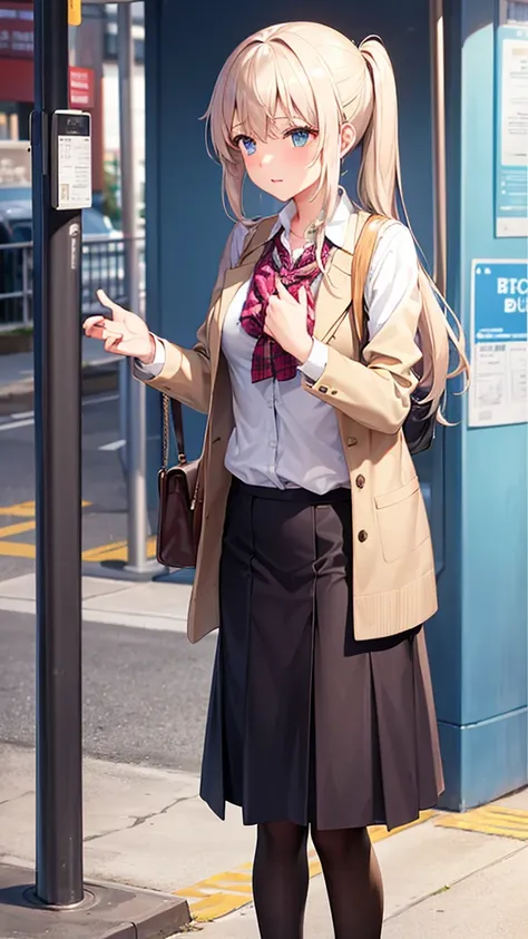 Beautiful girl meets a boy at the bus stop