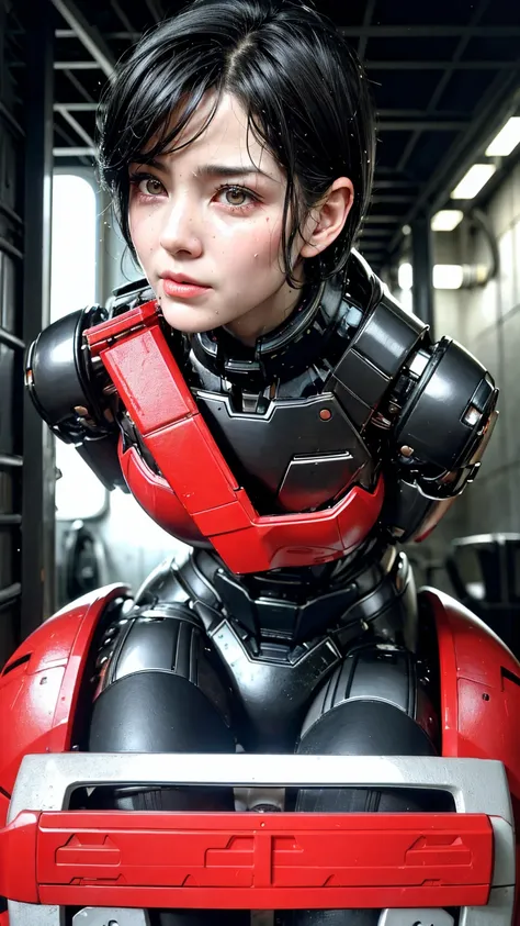 Highest quality　8k Red Mecha Cyborg Girl　Middle-aged women　Sweaty face　cute　short hair　boyish　Steam coming out of my head　My hair is wet with sweat　The feel of black hair　Full body portrait　My upper body is soaked　 　I can see the vagina　Lying in bed