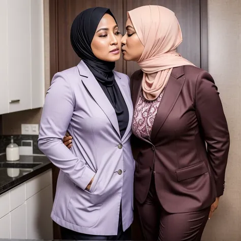 2woman,45 years Old, Hijab Indonesian mature woman, Big  : 12.9, doctor suit,curvy body, full body, sharing lustful kiss, hug and groping bteas, professional shot, at doctor office.