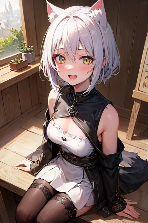 (best quality,ultra-detailed,highres,masterpiece:1.2), happy face, smile face, joy expression, open mouth a little, teeth, canine teeth, bare shoulders, careful with hand,beautiful anime girl with white hair and yellow eyes, young neko girl, very young, ch...