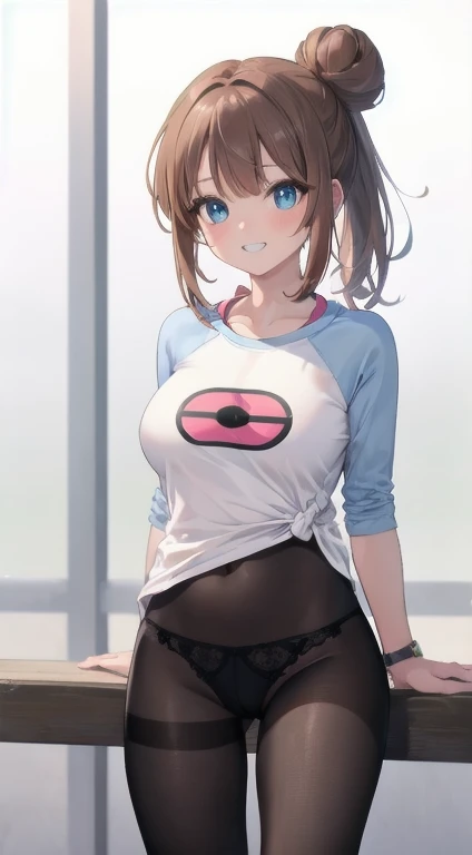 masterpiece, best quality, High resolution, b1, Hair Bun,Brown hair,  blue eyes, Double tail,  Black pantyhose, Raglan sleeves,  shirt, 乳首がshirtから透けて見える、pink ribbon, watch, Standing, Cowboy shooting, site, Monster Ball (basic), Grin、(Rosa_Pokémon)、(((From ...