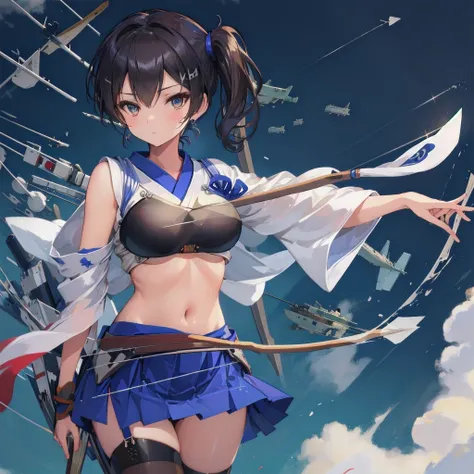 Kaga(Fleet Collection),highest quality, masterpiece, High resolution,kimono,blue skirt,side ponytail,big_breasts,solo,Japanese_bow&arrow,dynamic_posing,half_eyes,solo