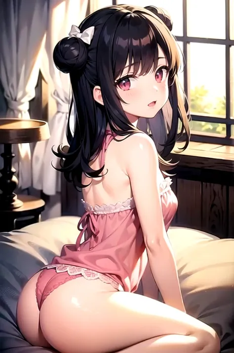 ((best quality)), ((masterpiece)), Cute girl, pale skin tone, anime, two buns, black hair, two pink little bows on each side, baby bangs, light pink nightdress, no sleeves, black panties.