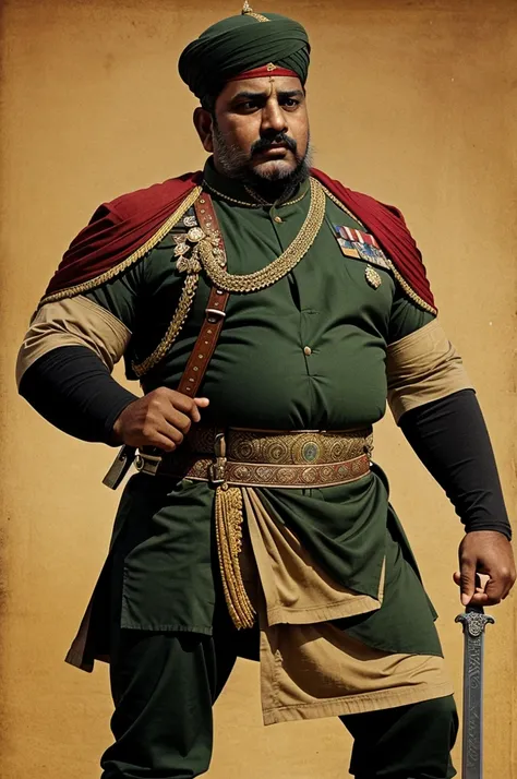 Akbar had a general named Sultan Khan. He was a very big, fat and strong general. He is dressed as a general. He has a sword in one hand and is dressed as a Muslim general.