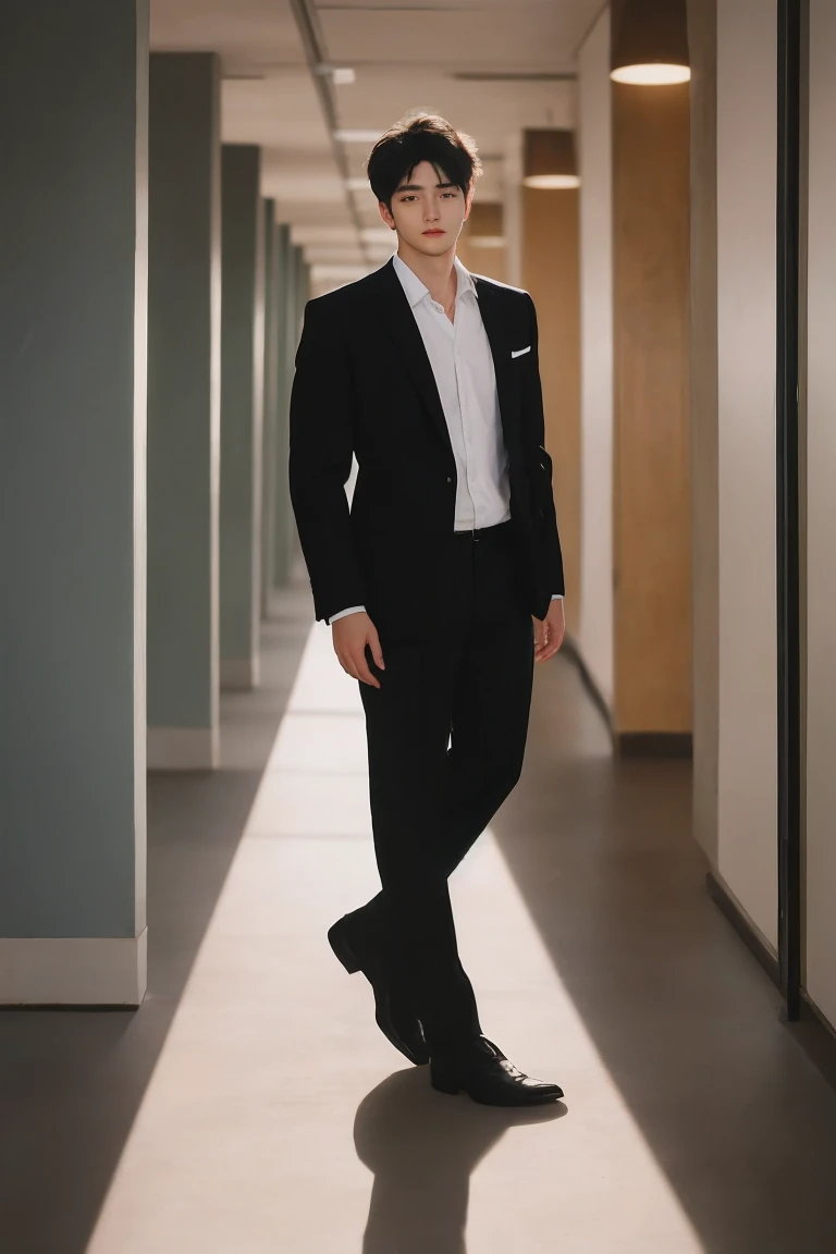 Handsome man portrait, Shoot with Leica, shadow play, Gorgeous lighting, Subtle pastel tones, High-class office building，Wearing a black suit，whole body，Looking at the camera，deep feeling