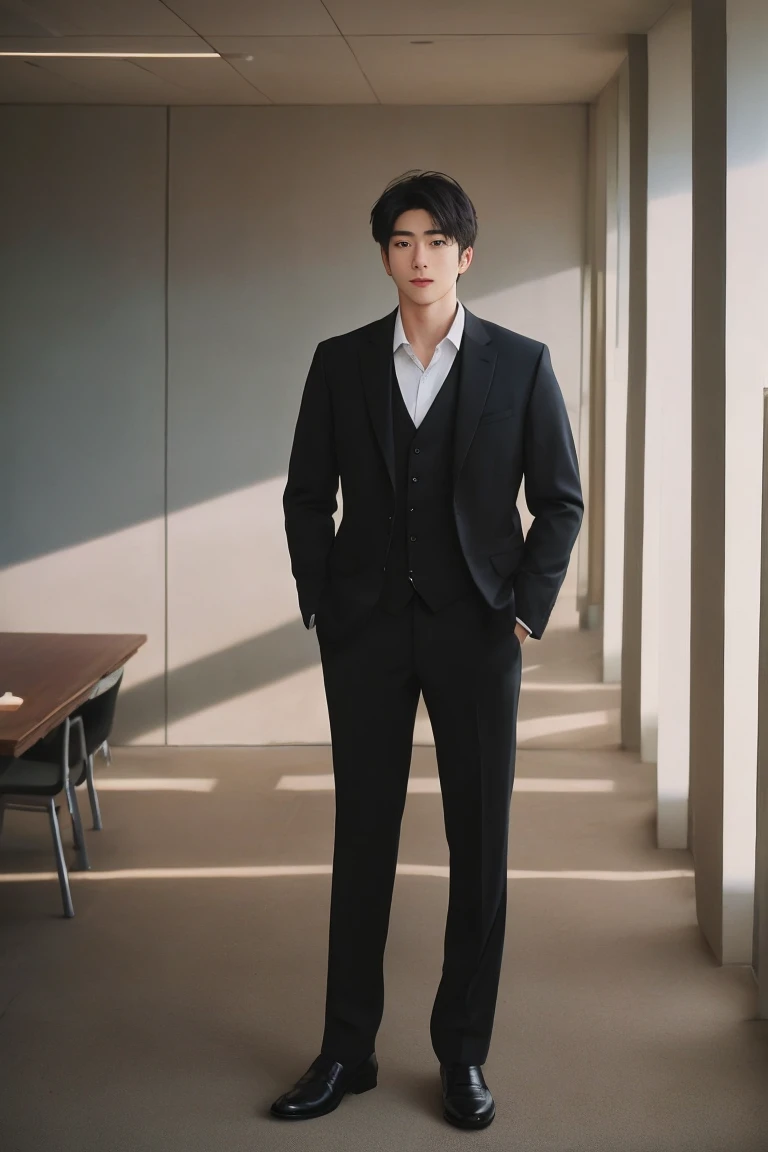 handsome man portrait, shoot with leica, shadow play, gorgeous lighting, subtle pastel tones, high-class office building，wearing...