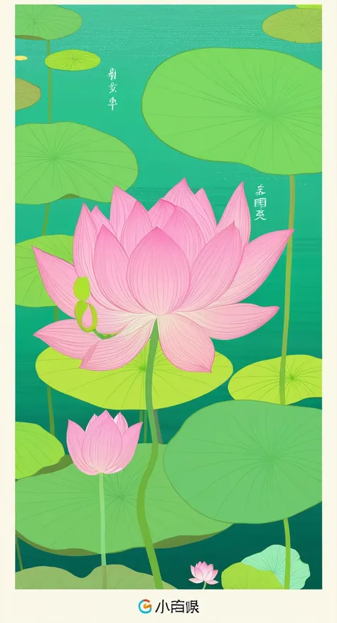 the poster is mainly pink，in the quiet wonderland，the breeze blows the green lotus leaves， the lotus is like a beautiful woman&#...