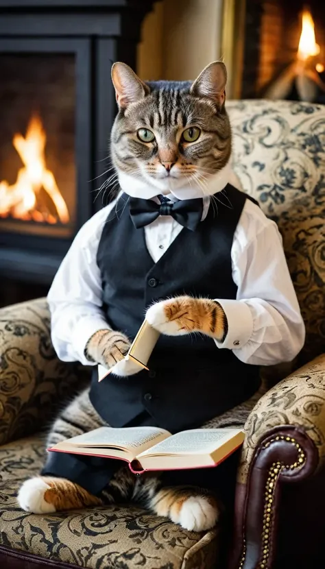 A sophisticated cat wearing a monocle and bow tie, reading a tiny book while sitting in a plush armchair by a fireplace