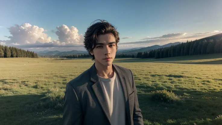 Estilo de fotografia de filme: A handsome young man looking at the camera in a meadow at the golden hour with fluffy clouds in the background, retrato,  