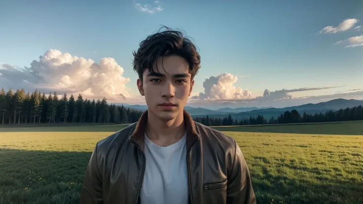 Estilo de fotografia de filme: A handsome young man looking at the camera in a meadow at the golden hour with fluffy clouds in the background, retrato,  