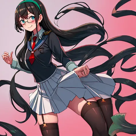 best quality, masterpiece, highres, solo, {ooyodo_kantaicollection:1.15}, black_hair, long_hair, glasses, hairband, semi-rimless_eyewear, under-rim_eyewear, blue_eyes, green_eyes, blush,small_breasts, 1girl, school_uniform, serafuku, pleats_skirt, looking_...