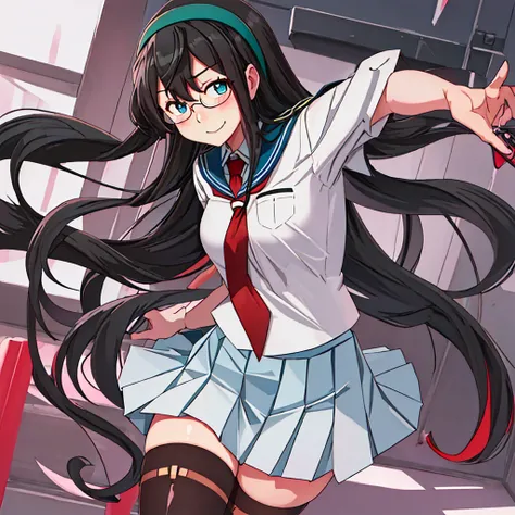 best quality, masterpiece, highres, solo, {ooyodo_kantaicollection:1.15}, black_hair, long_hair, glasses, hairband, semi-rimless_eyewear, under-rim_eyewear, blue_eyes, green_eyes, blush,small_breasts, 1girl, school_uniform, serafuku, pleats_skirt, looking_...