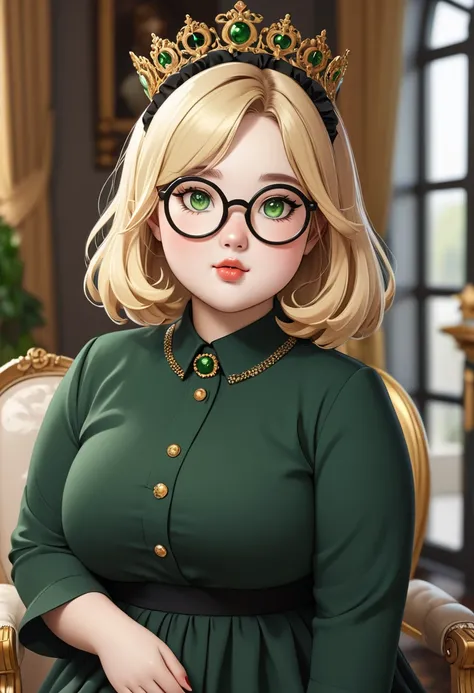 chubby girl, Blonde with green eyes, medium length hair, open forehead, round facial features, glasses with black square frames 
Пышное платье, Royal style