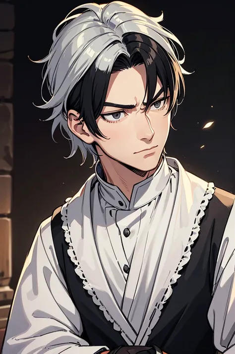 A mature man, his hair is medium in length, his hair is a little in front of his face, he has black hair, he has a very masculine face, he has silver gray eyes, he has white skin, he is serious, he wears medieval gothic clothes.