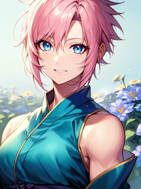 ((spiked hair)), ((tomboy)), ((muscular)), ((short hair)), ((light pink hair)), ((light blue eyes)), ((cheerful expression)), (shinobi clothing)), ((light skin)), ((flowers)), ((complementary colors)), ((mature female)), 1girl, beautifully drawn, high reso...