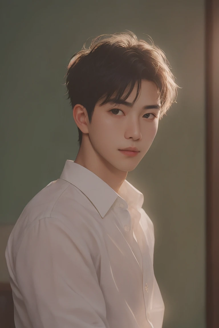 Handsome man portrait, Shoot with Leica, shadow play, Gorgeous lighting, Subtle pastel tones, meeting room，Wearing a white shirt，Looking at the camera，deep feeling