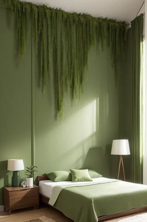 Imagine um quarto masculino decorado com um tema verde. The walls are painted in a moss green tone., criando uma atmosfera tranquila e acolhedora. The bed is covered with an olive green bedspread and pillows in various shades of green.. Um tapete verde esc...