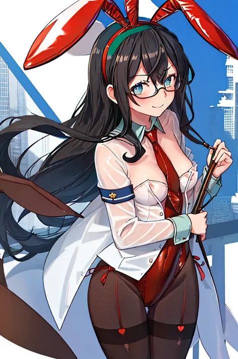 best quality, masterpiece, highres, solo, {ooyodo_kantaicollection:1.15}, black_hair, long_hair, glasses, hairband, semi-rimless_eyewear, under-rim_eyewear, blue_eyes, green_eyes, small_breasts, 1girl, looking_at_viewer, necktie, harbor_background, red_nec...