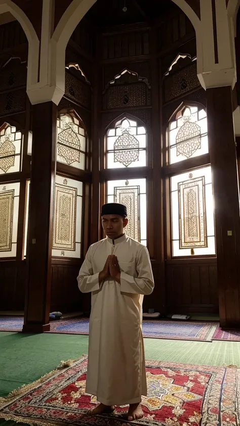 
A young Indonesian Muslim man stands solemnly performing prayers in a traditional Indonesian mosque. The afternoon sunlight came in through the window, shining on the prayer mats spread on the floor. In the background, the architectural ornamentation of a...