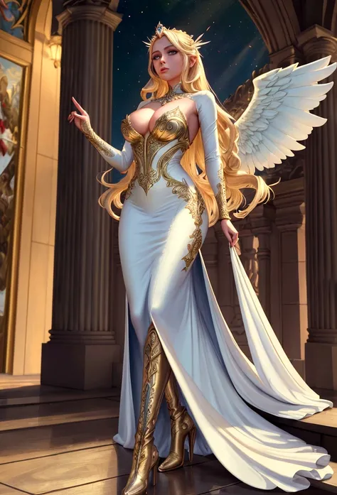 Arafed, a picture of a female angel in high society prom event, divine beautiful female angel, blond hair, long hair, flowing hair, the hair glows in a soft light, cerulean eyes, deep light eyes, divine beautiful face, folded white feather wings, she wears...