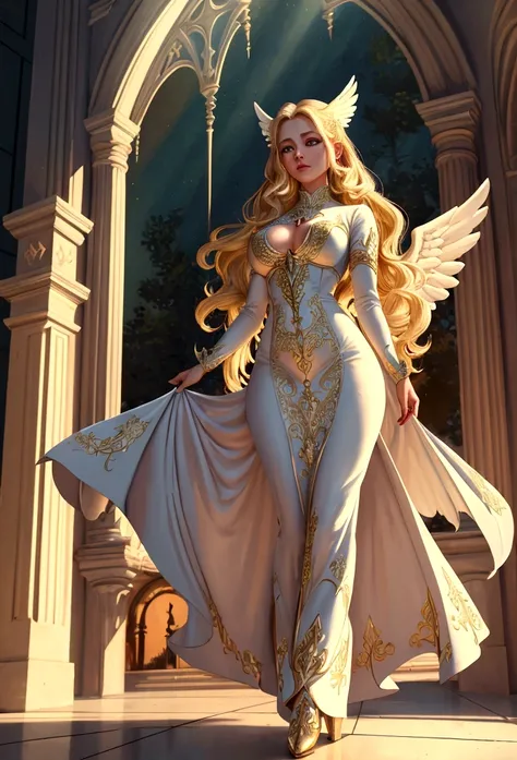 Arafed, a picture of a female angel in high society prom event, divine beautiful female angel, blond hair, long hair, flowing hair, the hair glows in a soft light, cerulean eyes, deep light eyes, divine beautiful face, folded white feather wings, she wears...