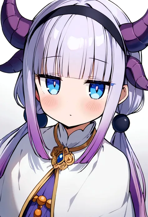 best quality, masterpiece, highres, solo, {kanna_kamui_kobayashisanchinomaidragon:1.15}, long_hair, light_purple_hair, blue_eyes, hair_ornament, bangs, blush, multicolored_hair, twintails, blunt_bangs, hair_beads, beads, hairband, gradient_hair, low_twinta...