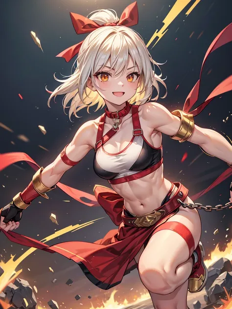 (Red ribbon of hair band: 1.2), boyish female warrior with short, yellow-white turbulent hair, wearing a metal gauntlet, fighting, smiling, exposed clothes, small breasts ， Tight muscles, slender body shape that emits electricity from both hands, sports br...